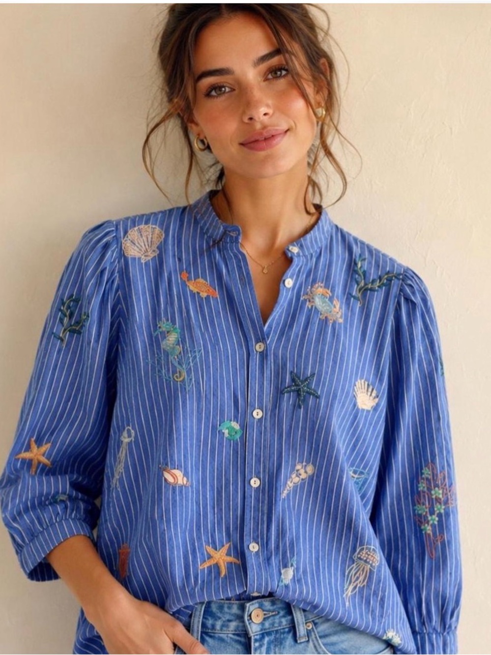Johnny Was Workshop Striped Blue Embroidered Seashells Ocean Shirt XS Blouse